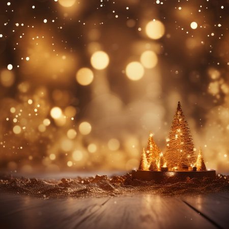 Christmas tree on wooden background with golden bokeh and snowflakesの素材
