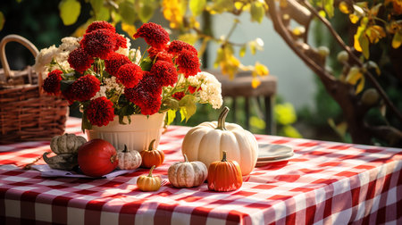 Autumn still life with flowers and pumpkins on a tableclothの素材