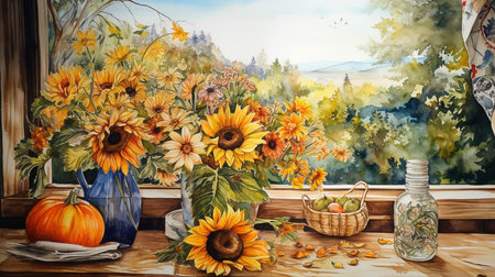 Painting of sunflowers and pumpkins on the windowsillの素材