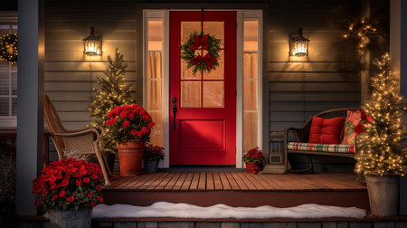 3D Illustration of a front porch decorated for Christmas and New Yearの素材