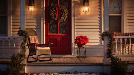 Christmas decorations on the porch of a house with a wicker chairの素材