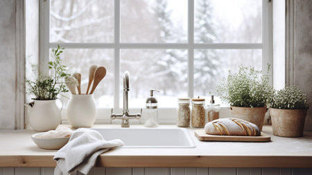 Country farmhouse kitchen countertop with kitchen utensils in front of the windowの素材