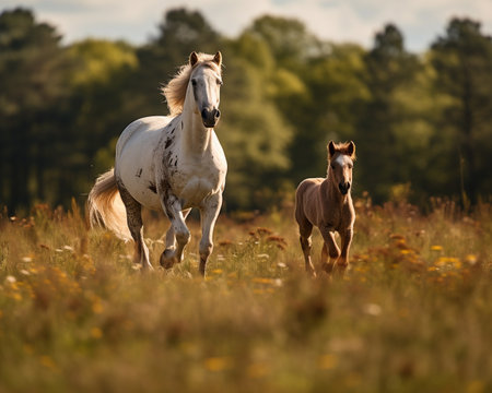 Mare and foal running together on pasturage in autumnの素材