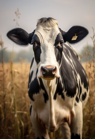 Black and white cow standing in a field of tall grass looking directly at the cameraの素材
