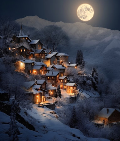 Houses in the mountains at night with full moon in winter.の素材