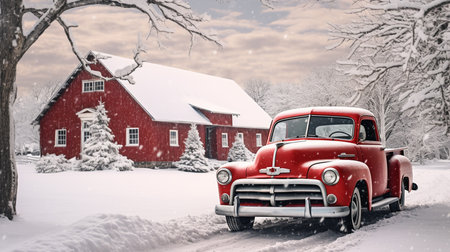 Vintage red car in front of a red house in winter forest.の素材
