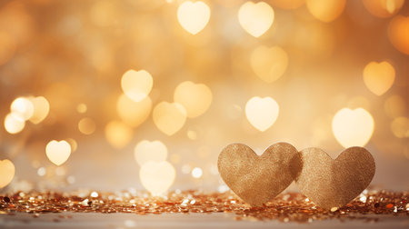 Two golden hearts on bokeh background. Valentine's day conceptの素材