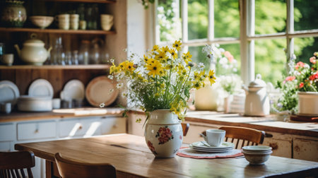 Vase with wildflowers on the table in the kitchen.の素材