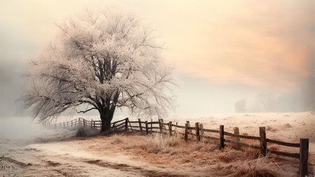 Frosty winter landscape with lonely tree and wooden fence on the meadowの素材
