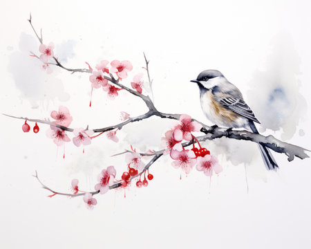 Watercolor painting of a bird sitting on a branchの素材