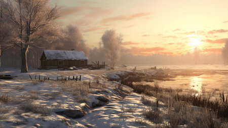 A cabin on a foggy morning on the river in a winter landscape.の素材