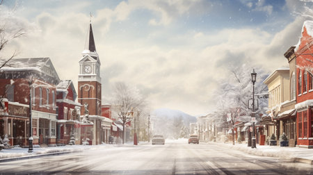 Winter landscape with snow-covered streets of the old townの素材