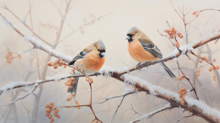 Two birds sitting on a branch in the winter forestの素材