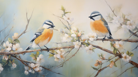 Two birds on the branch of a blossoming tree. Spring background.の素材