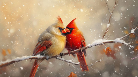 Male and female Northern Cardinal birds on a branch during a snowfall paintingの素材