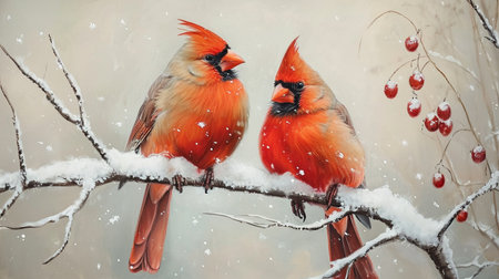 Male and female cardinal birds sitting on a branch covered with snow in winter paintingの素材