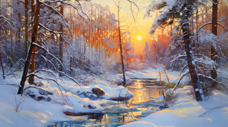 Beautiful winter landscape with snow-covered trees and river at sunset paintingの素材