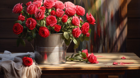 A bouquet of red roses in a metal vase on a wooden tableの素材
