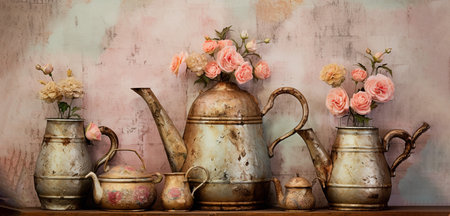 Vintage teapot and flowers on a wooden shelf over a grunge backgroundの素材