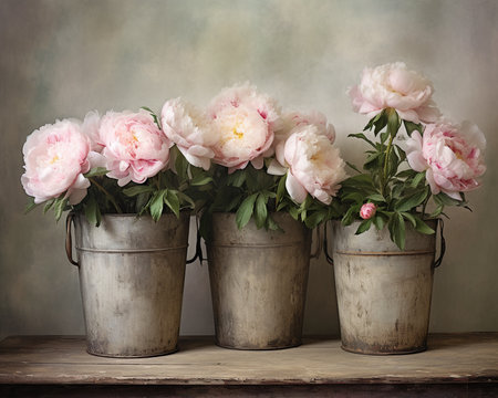 Bouquet of pink peonies in metal vases on wooden shelfの素材
