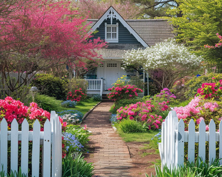 Beautiful blooming garden with white picket fence and flowers.の素材
