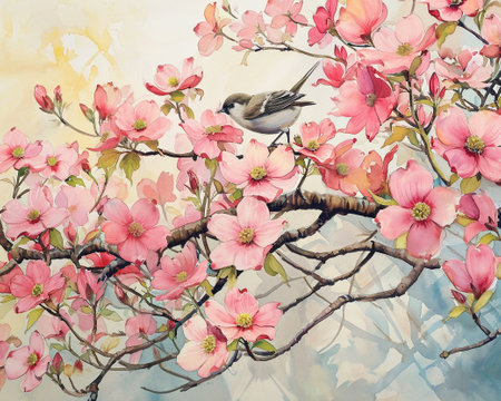 Watercolor illustration of a branch of blooming dogwood with a birdの素材