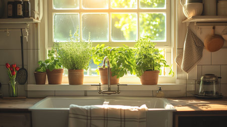 Kitchen window with sink, plants, herbs with a spring countryside viewの素材