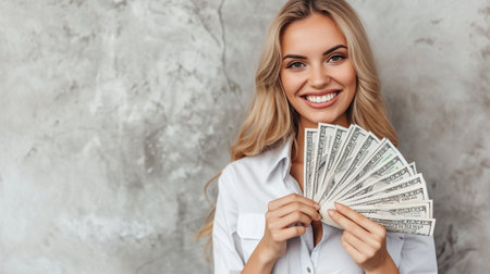 Beautiful young woman is holding a lot of money and smiling while standing against grey backgroundの素材