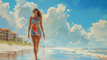 Beautiful young woman in a swimsuit walking on the beach.の素材