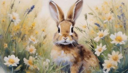Rabbit in a field of flowers.の素材