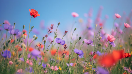 Beautiful spring flowers on the meadow. Nature background.の素材