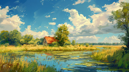 Beautiful summer landscape with a house on the bank of the riverの素材