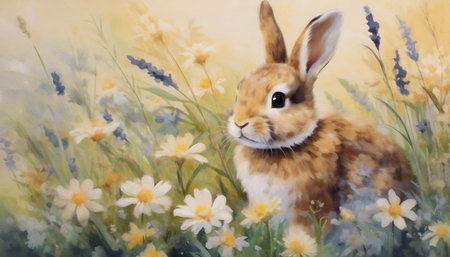 Watercolor of a rabbit in a field of flowersの素材