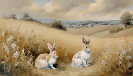 Watercolor painting of rabbits in a field.の素材