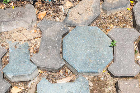 Closeup to Damaged Gray and Blue Floor Tile Backgroundの写真素材