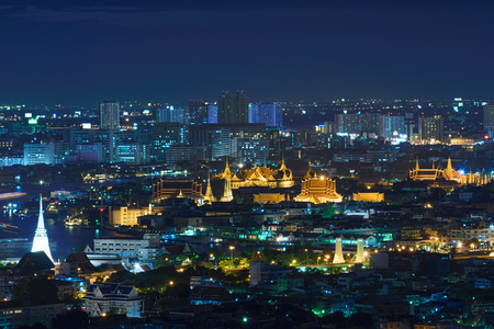Temple of the Emerald Buddha and Grand Palace at night, Bangkok, Thailandの写真素材