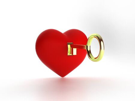 3D Heart and gold key isolated on white, illustration, Renderingの写真素材
