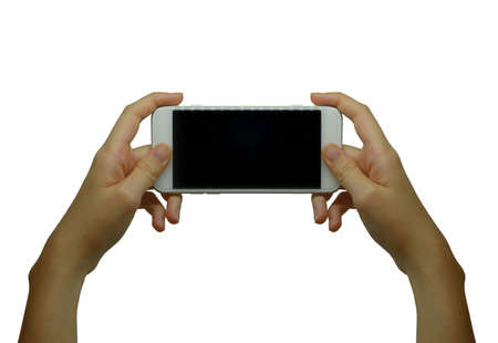 Close-up Of Hand Holding Cellphone Watching Video isolated on white backgroundの写真素材
