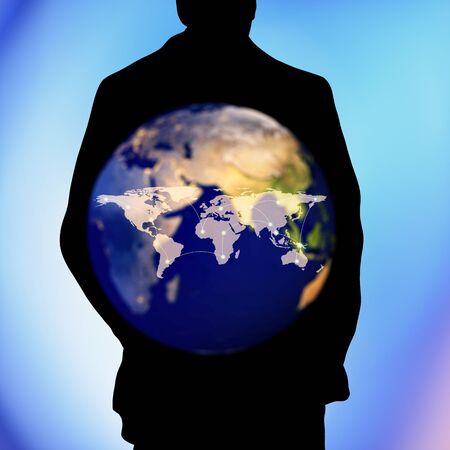 Human shape and global map connection background, social nets and network concept illustration, Elements of this image furnished by NASAの写真素材