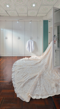 Bride wedding dress in a white room, interior designの写真素材