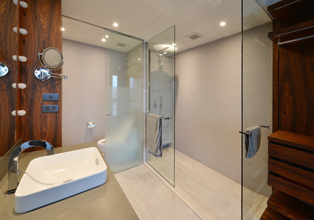 Empty wooden shelf and cabinet and bathroom, interior designの写真素材