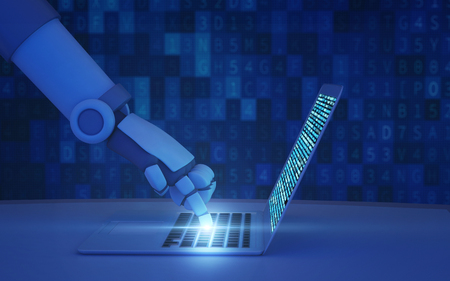 Robot using a computer with data code. Hand of artificial intelligence in futuristic technology...