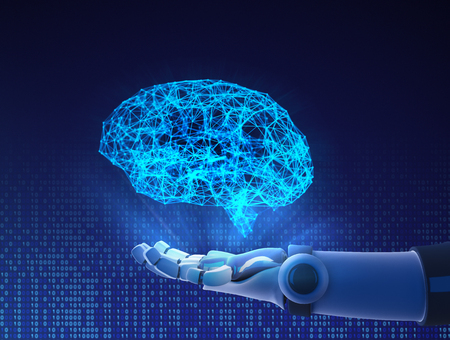 Robot hand holding virtual brain. Artificial intelligence in futuristic technology concept, 3d illustrationの写真素材