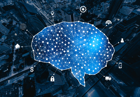 Human brain and infographic template and connection lines on city background in the form of artificial intelligence for technology concept, 3d illustrationの写真素材