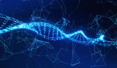 DNA, helix model medicine and network connection lines for technology concept on blue background, 3d illustrationの写真素材