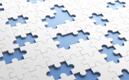 Missing jigsaw puzzle pieces in unfinished work concept. White pattern texture background. 3d illustrationの写真素材