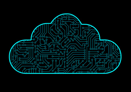 Cloud computing computer technology icon with blue circuit board pattern texture isolated on black. High-tech background in digital data concept. Abstract illustration.の写真素材