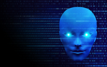 Front view of human head with binary code. Model isolated on blue background, artificial intelligence in digital futuristic computer technology concept, 3d illustrationの写真素材