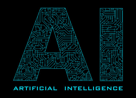 Artificial Intelligence with blue circuit isolated on black background. Pattern texture of high-tech background in digital computer technology concept. 3d text illustration.の写真素材