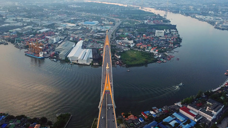 Aerial view of Bhumibol Bridge and Chao Phraya River in structure of suspension architecture...